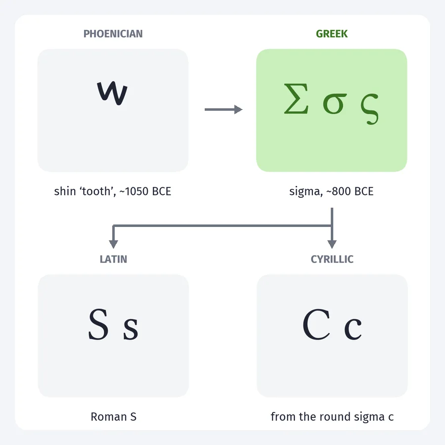 The family tree of sigma, from Phoenician shin to Greek, then Latin S and Cyrillic C